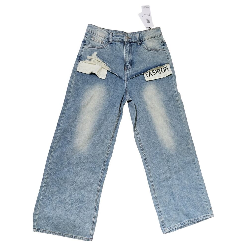 NWT Dazy Wide Leg Light Wash Jeans XL Distressed Fashion Patch Y2K